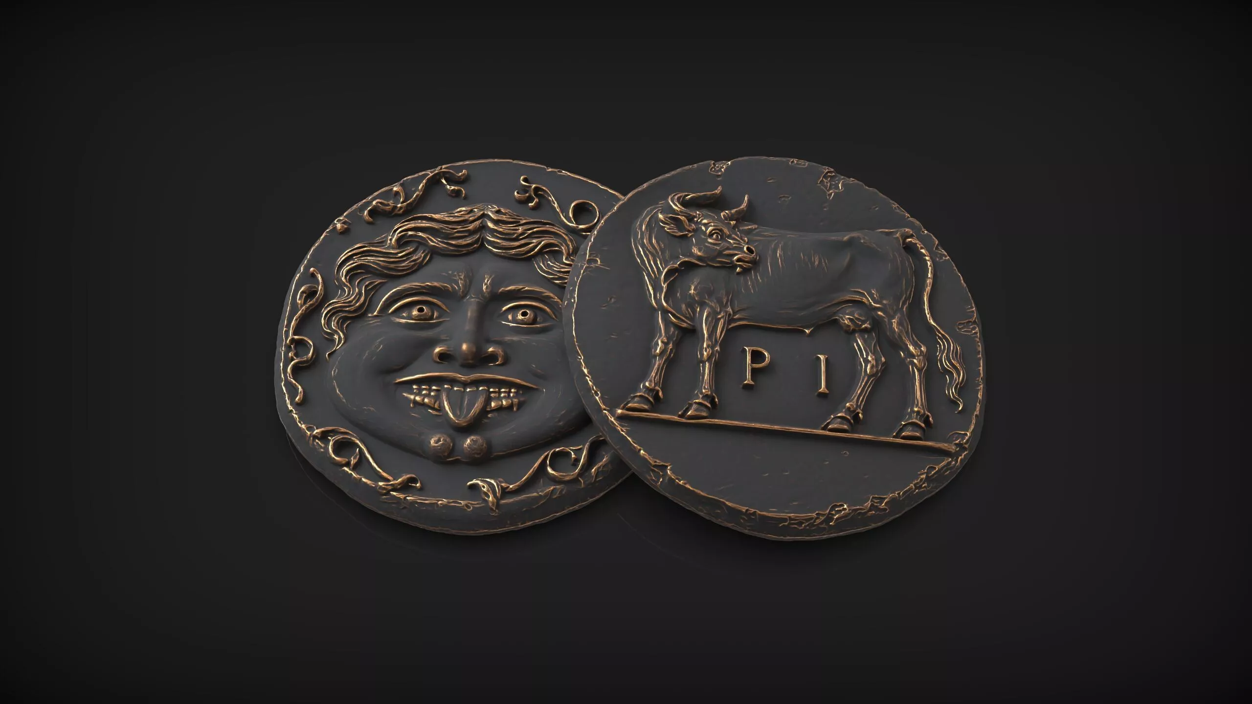 Ancient Roman Coin Bull and Medusa Gorgon Mythology Replica 3D print model