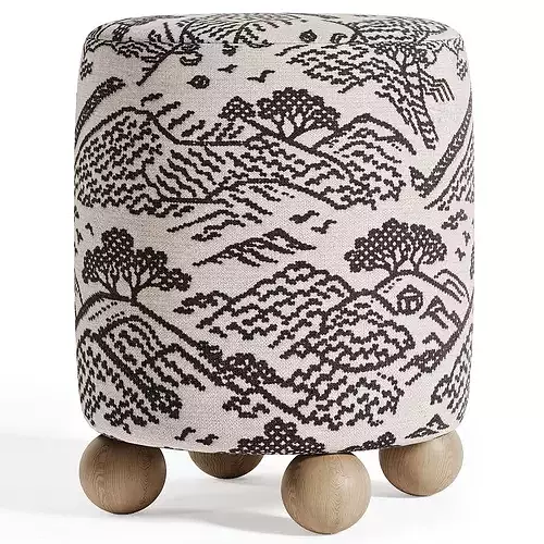 Striped Ottoman With Round Legs Low-poly 3D model 2