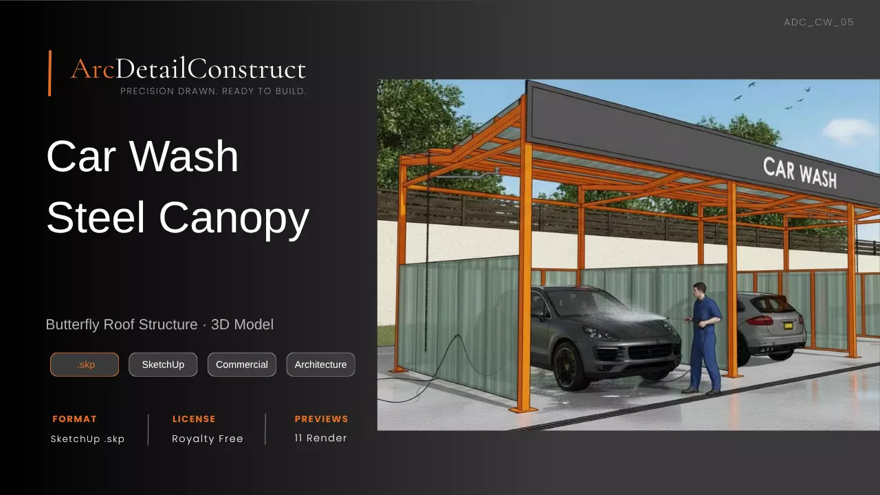 Car Wash Canopy - Butterfly Roof Multi-Bay - SketchUp 3D model
