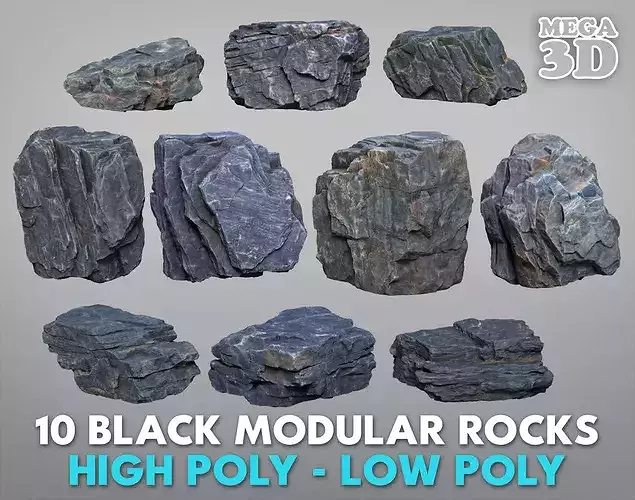 10 Modular Black Rocks 3D Pack B 260621
