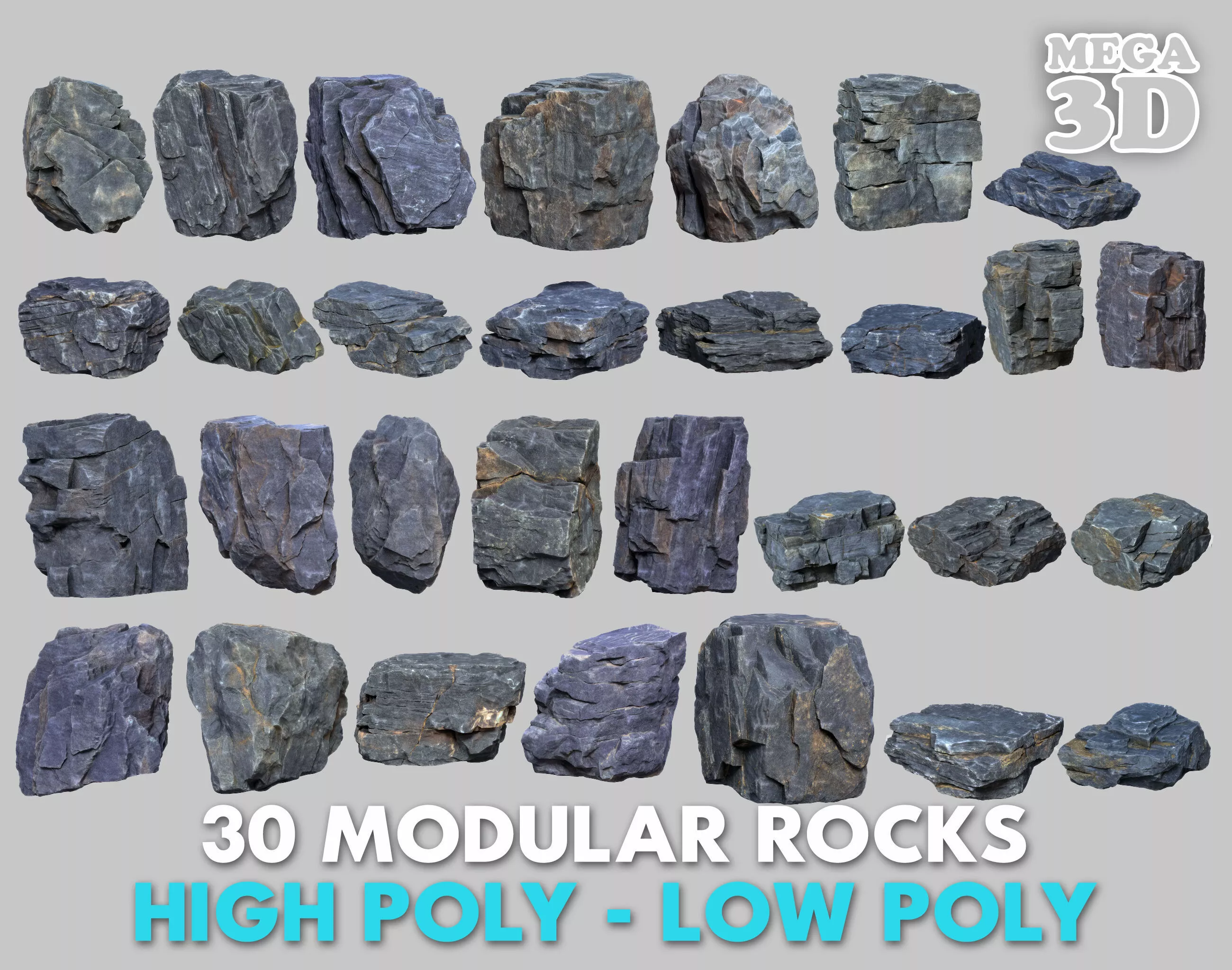 30 Modular Black Rocks 3D Collection 260621 3D Model Pack