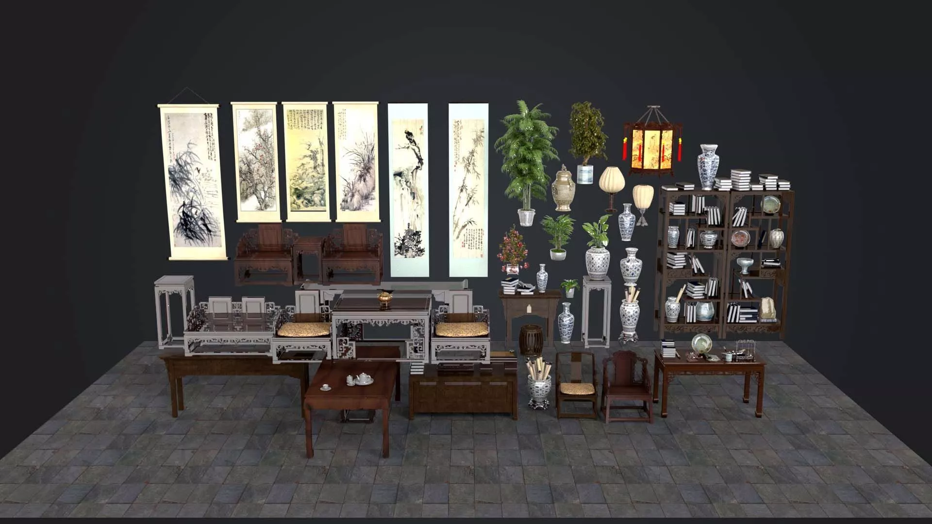 Chinese Traditional Interior Furniture and Decors Asset Pack Low-poly 3D model