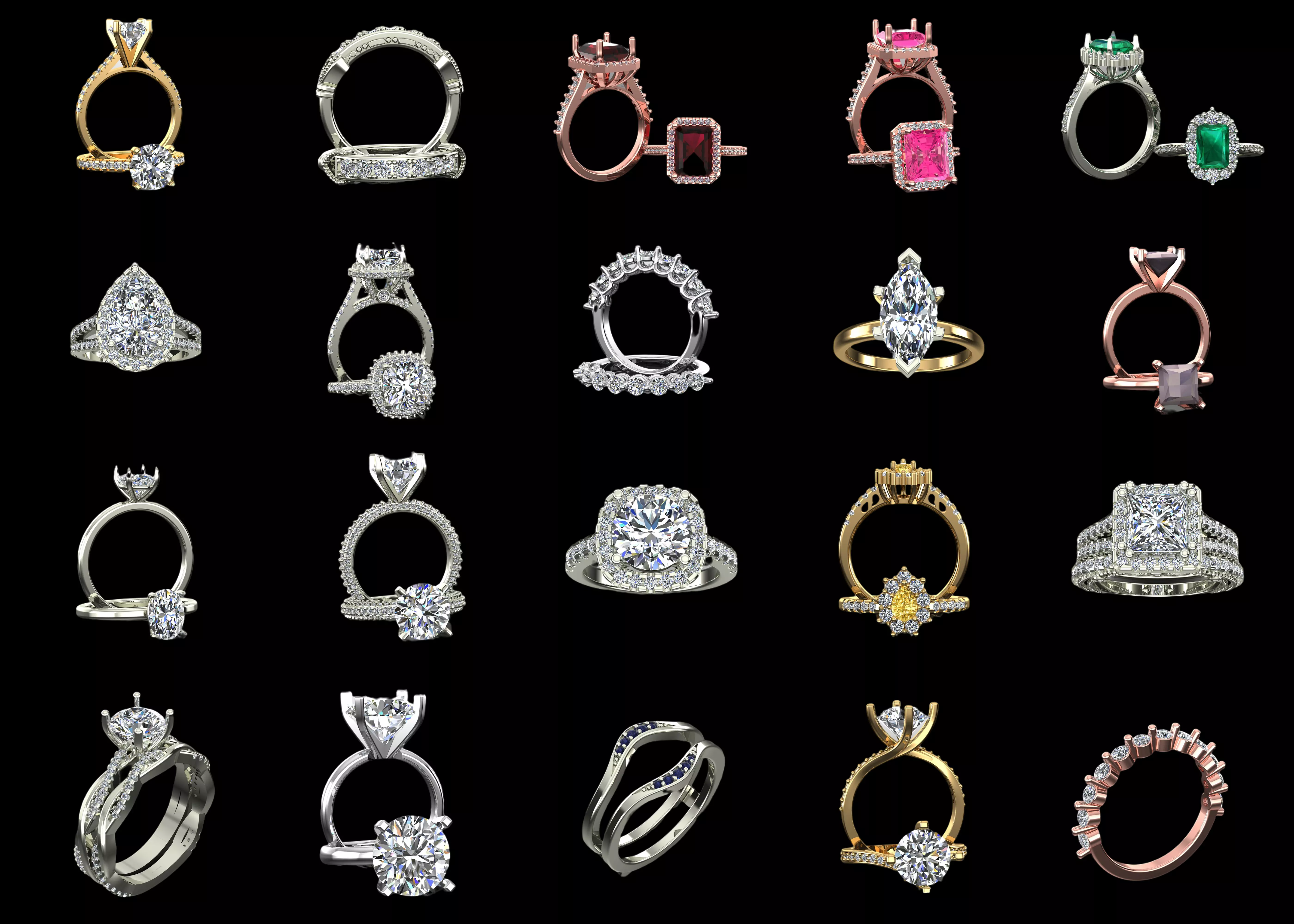 20 Luxury Gemstone Ring CAD Models STL 3DM Jewelry Bundle 3D print model