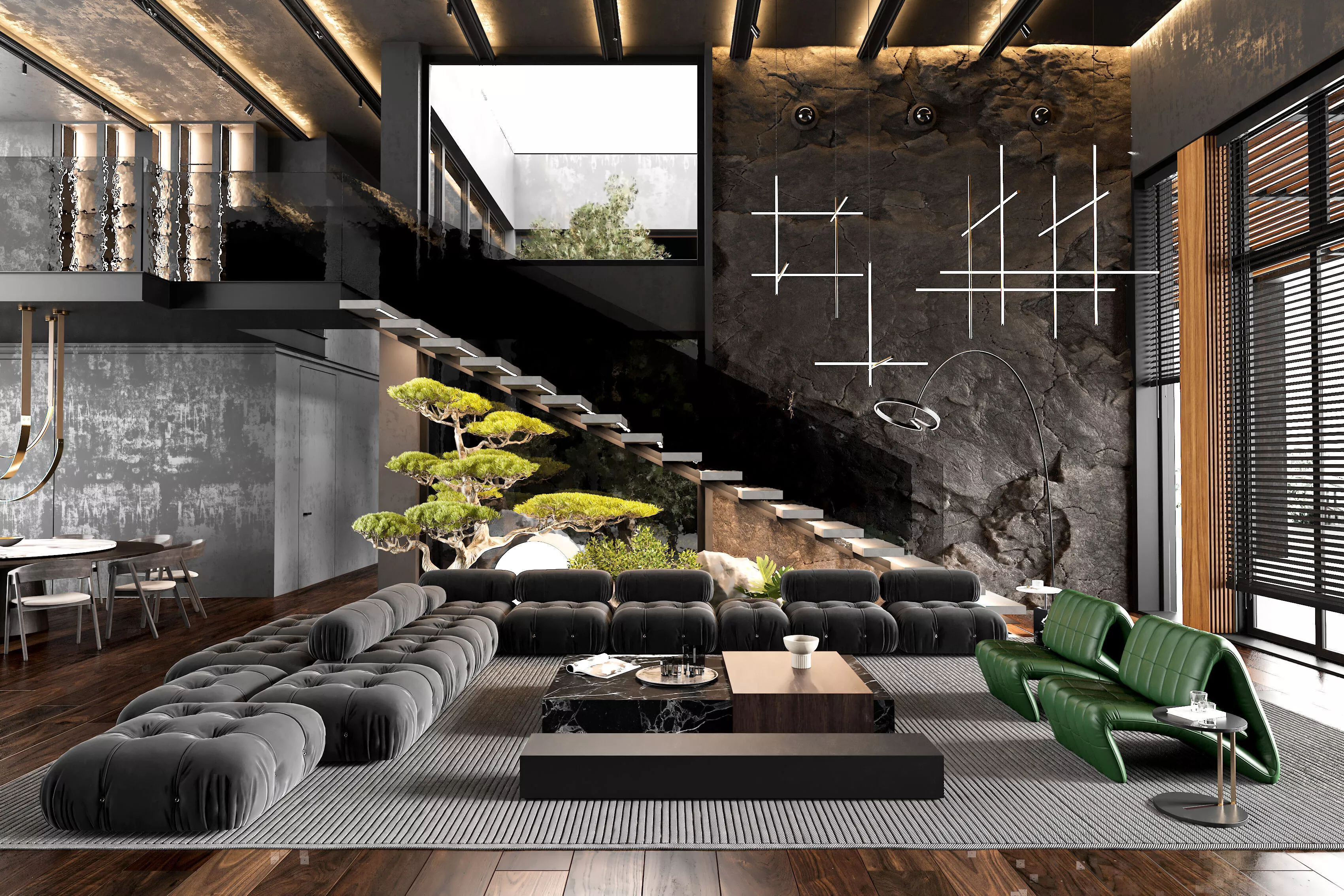 Dark and atmospheric open-concept duplex living room 3D model