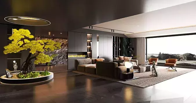 Interior design of modern living room 3D model 2