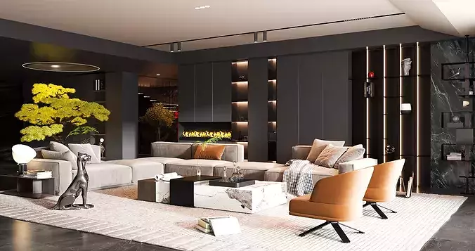 Interior design of modern living room 3D model 3