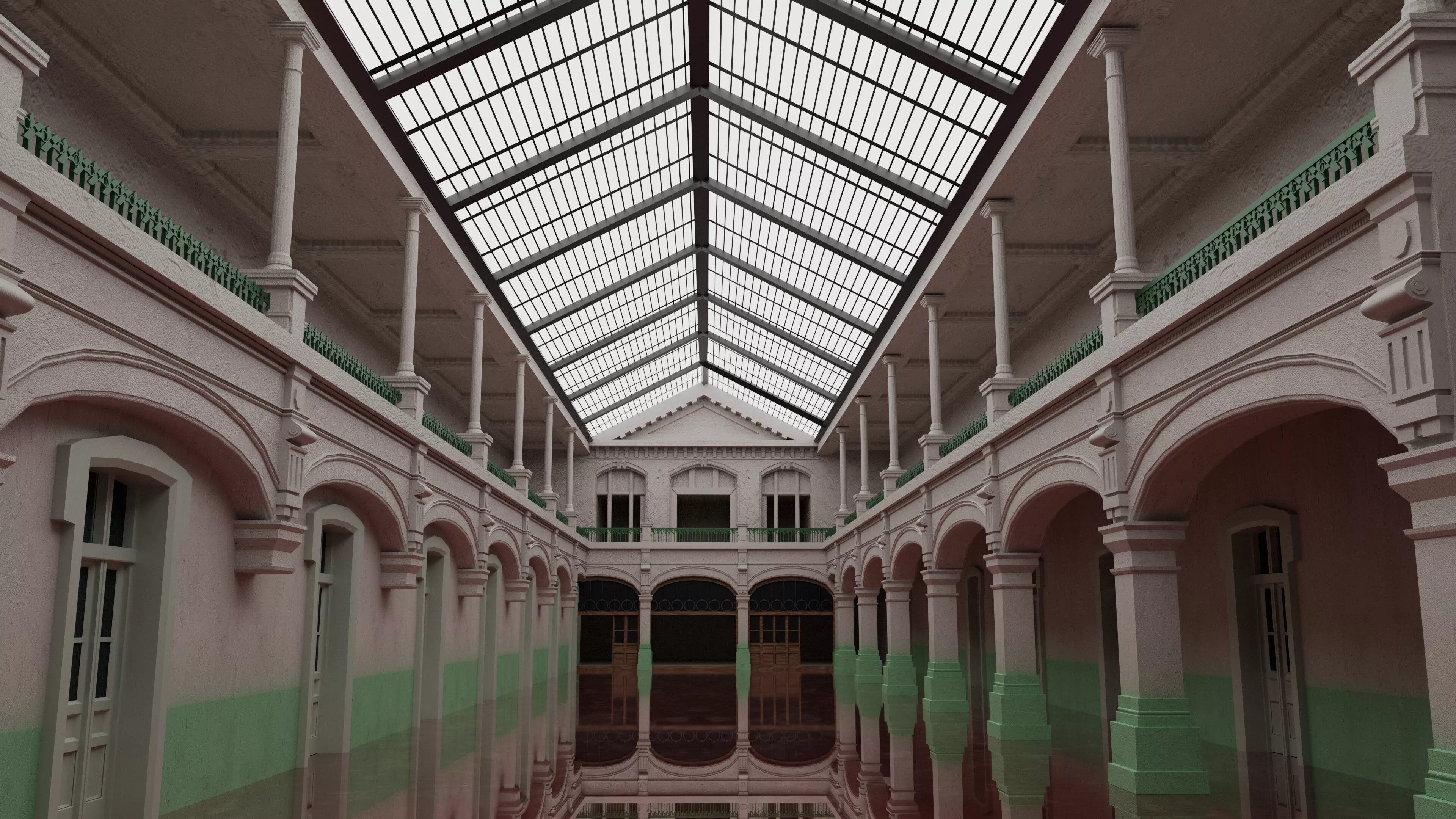 Abandoned Classical Arcade Glass Dome Corridor Free 3D model