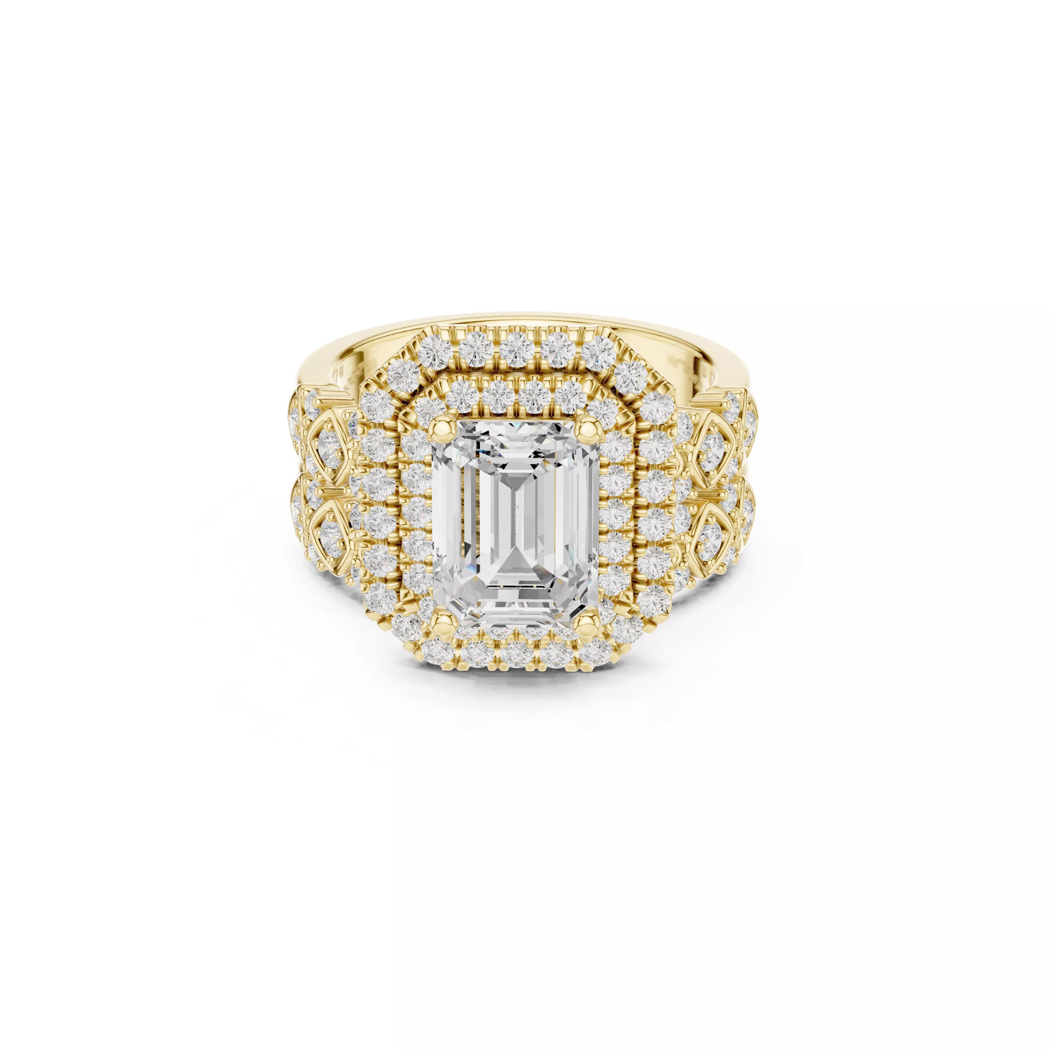 Emerald Cut Double Halo Statement Ring STL 3DM CAD 3D print model