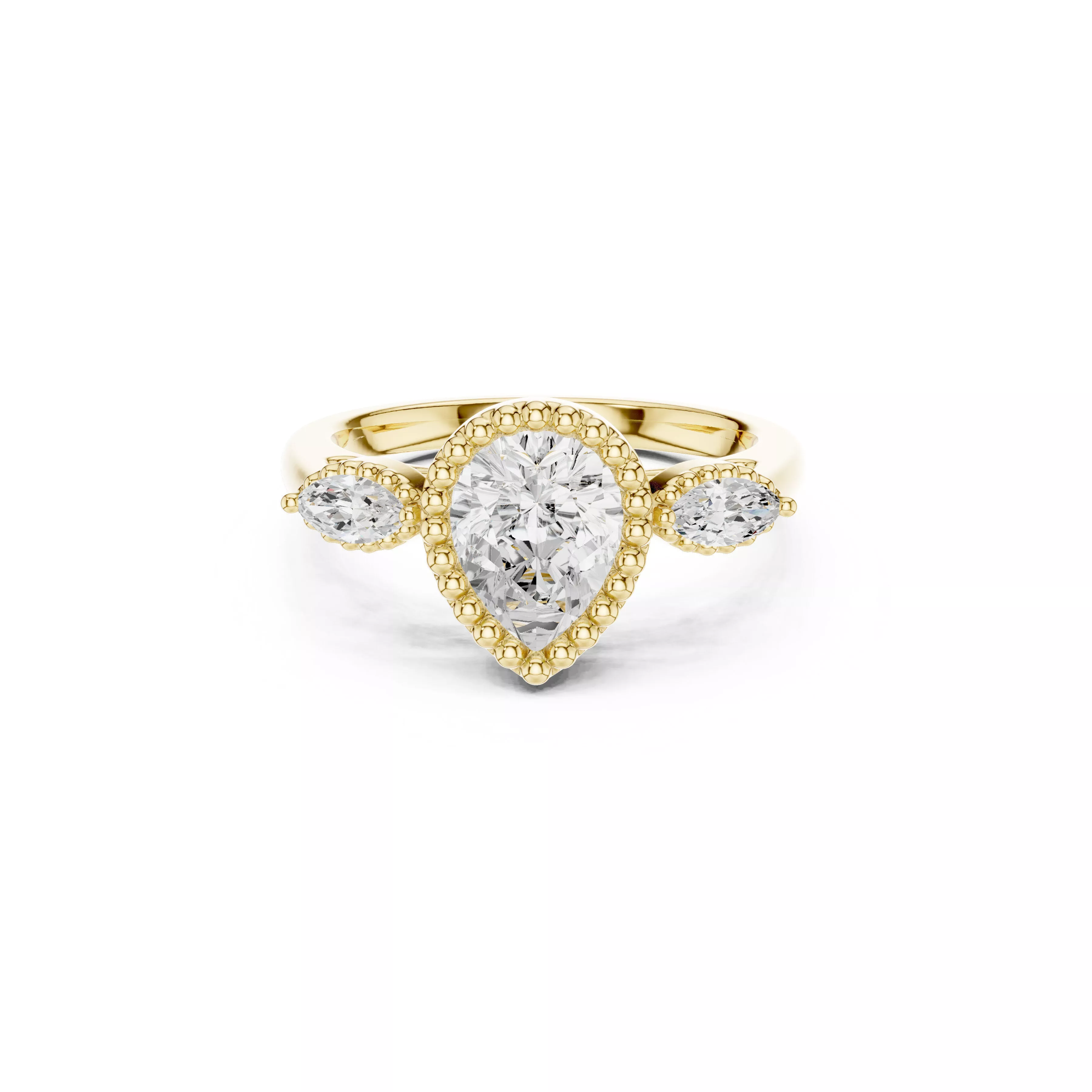 Pear Cut Milgrain Halo Three Stone Diamond Engagement Ring CAD 3D print model