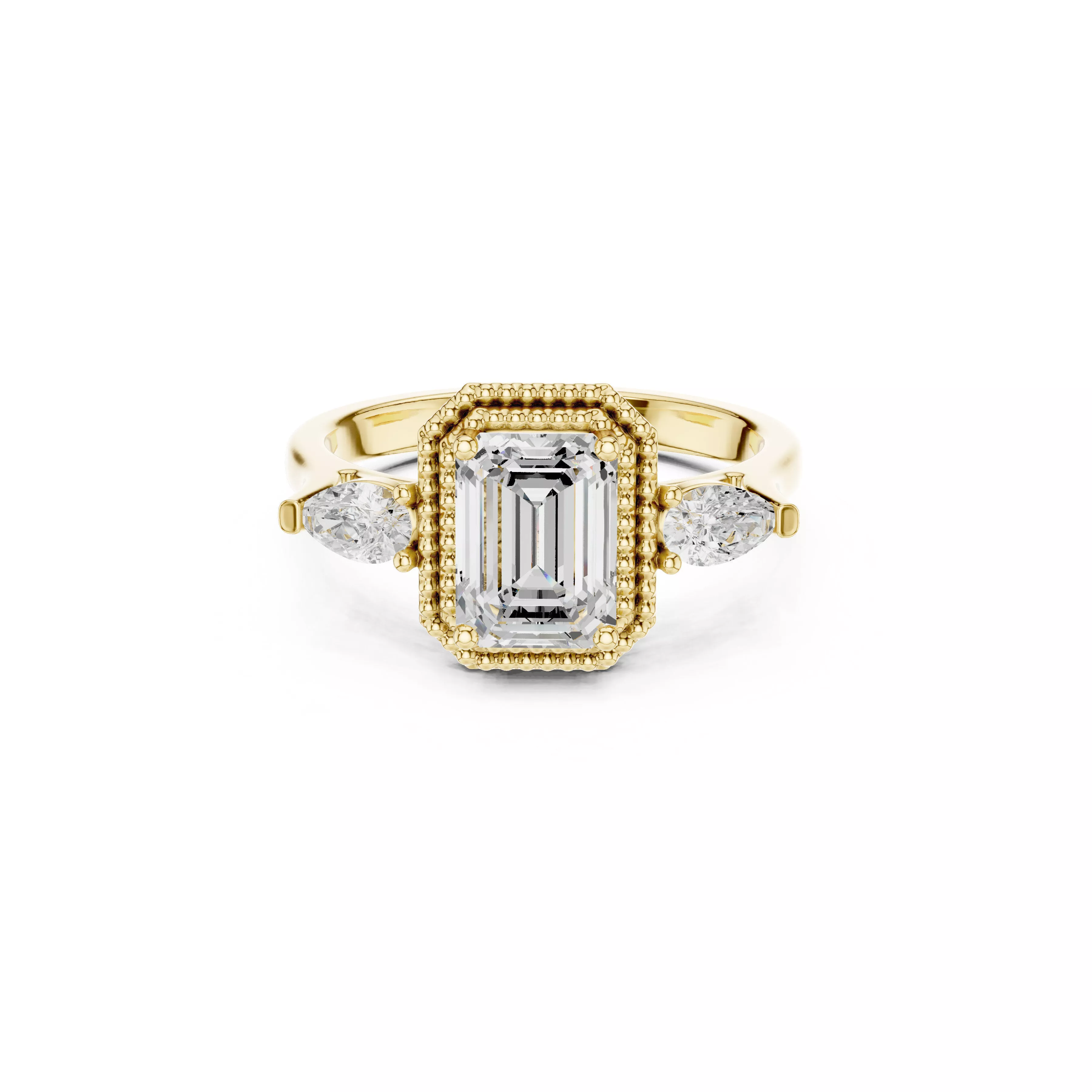 Emerald Cut Halo Three Stone Diamond Engagement Ring CAD 3D print model