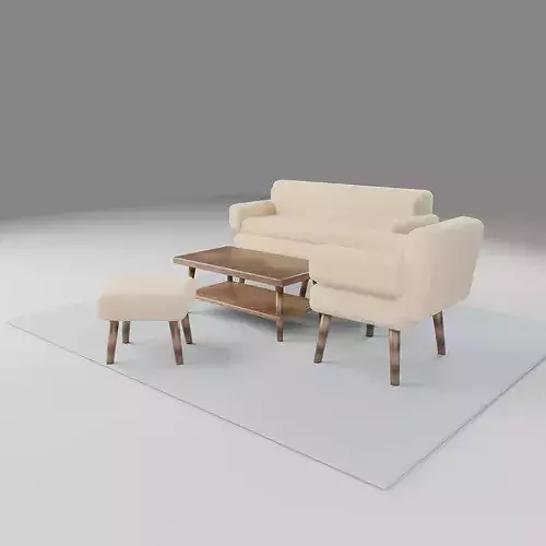 Mid-Century Living Room Set - Sofa Armchair Ottoman Table Low-poly 3D model 5