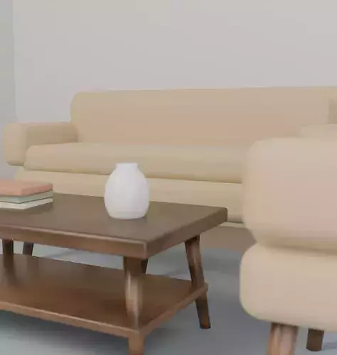 Mid-Century Living Room Set - Sofa Armchair Ottoman Table Low-poly 3D model 2