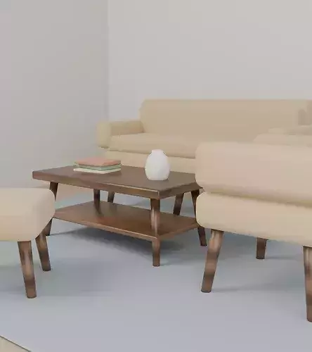 Mid-Century Living Room Set - Sofa Armchair Ottoman Table Low-poly 3D model 7