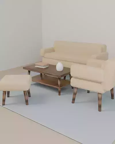 Mid-Century Living Room Set - Sofa Armchair Ottoman Table Low-poly 3D model 6