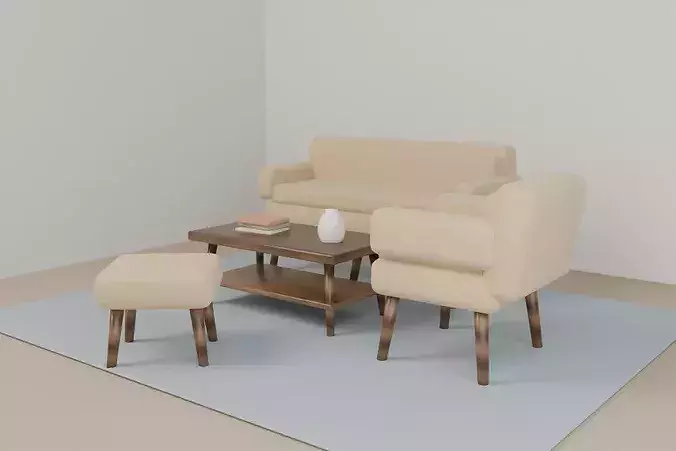 Mid-Century Living Room Set - Sofa Armchair Ottoman Table Low-poly 3D model