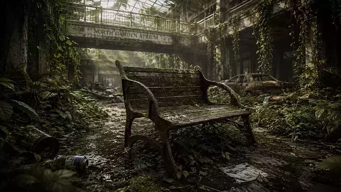 Abandoned Wooden Mossy Park Bench - Weathered