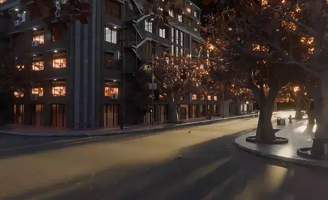 Golden Hour City Block -  Autumn Street Urban Environment 3D model 3