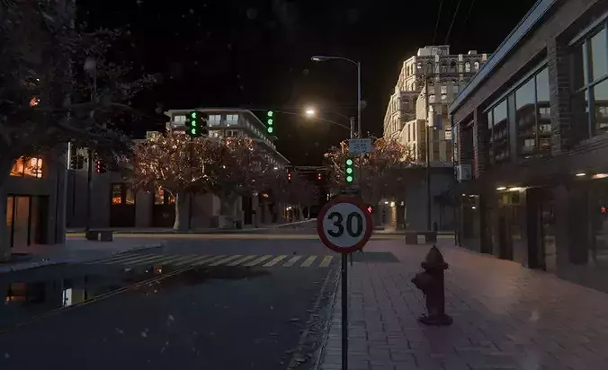 Golden Hour City Block -  Autumn Street Urban Environment 3D model 4