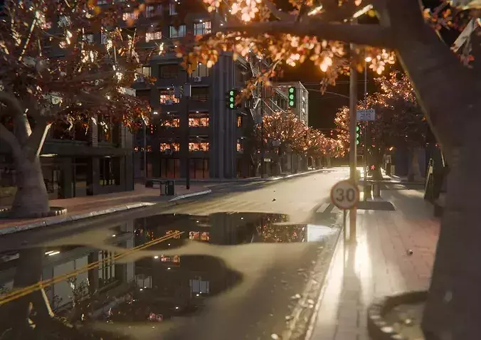 Golden Hour City Block -  Autumn Street Urban Environment 3D model 2