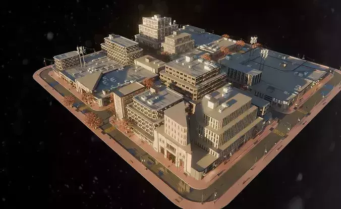 Golden Hour City Block -  Autumn Street Urban Environment 3D model 7