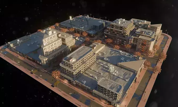 Golden Hour City Block - Autumn Street Urban Environment 3D model