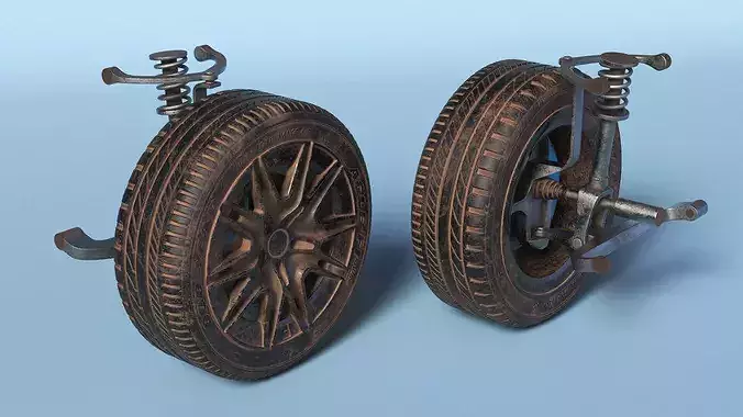 Dirty Front Car Wheel with Suspension 3D model