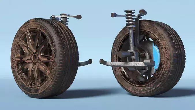 Dirty Front Car Wheel with Suspension 3D model 5