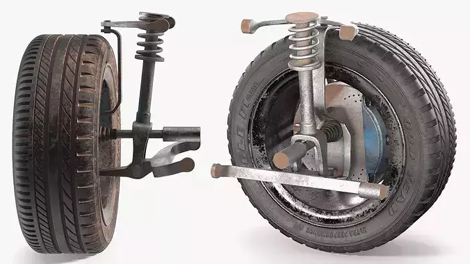 Dirty Front Car Wheel with Suspension 3D model 6