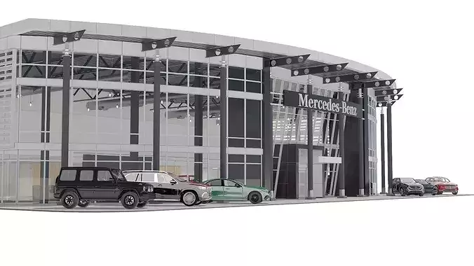 Mercedes-Benz Dealership Building with Six Car Models 3D model