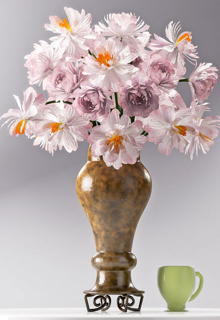 Decorative Set vase with flowers and cup 3D model_1