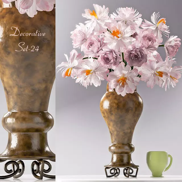 Decorative Set vase with flowers and cup 3D model_0