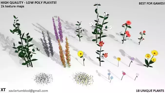 18 Ultra Low poly flowers and plants Low-poly 3D model