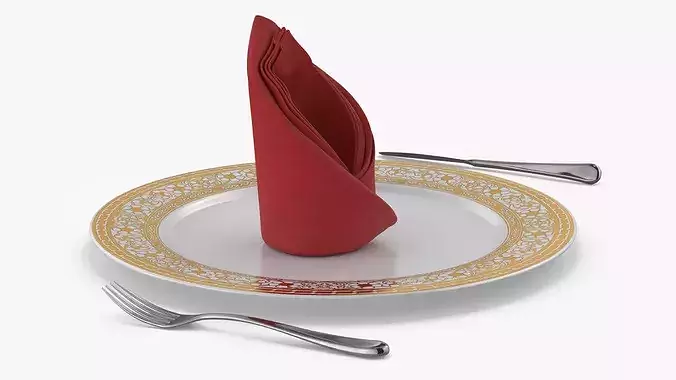 Elegant Table Setting with Folded Napkin Red 3D model 5