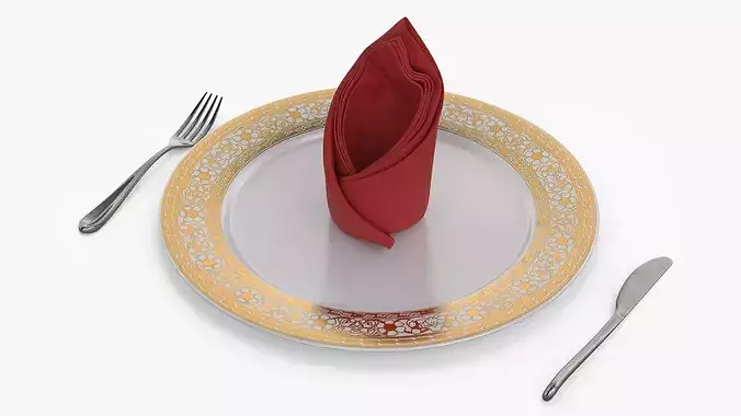 Elegant Table Setting with Folded Napkin Red 3D model
