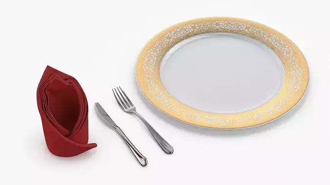 Elegant Table Setting with Folded Napkin Red 3D model 6