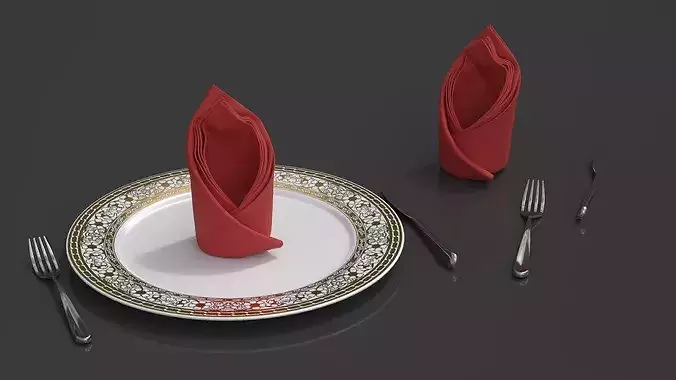 Elegant Table Setting with Folded Napkin Red 3D model 4