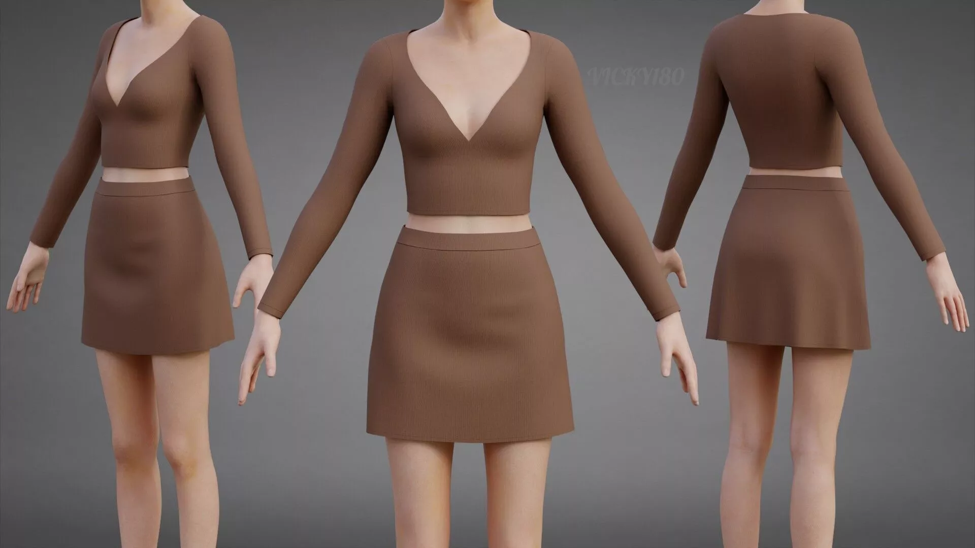 Two-Piece Knitwear Outfit - V-Neck Crop Top Mini Skirt Clothing Low-poly 3D model