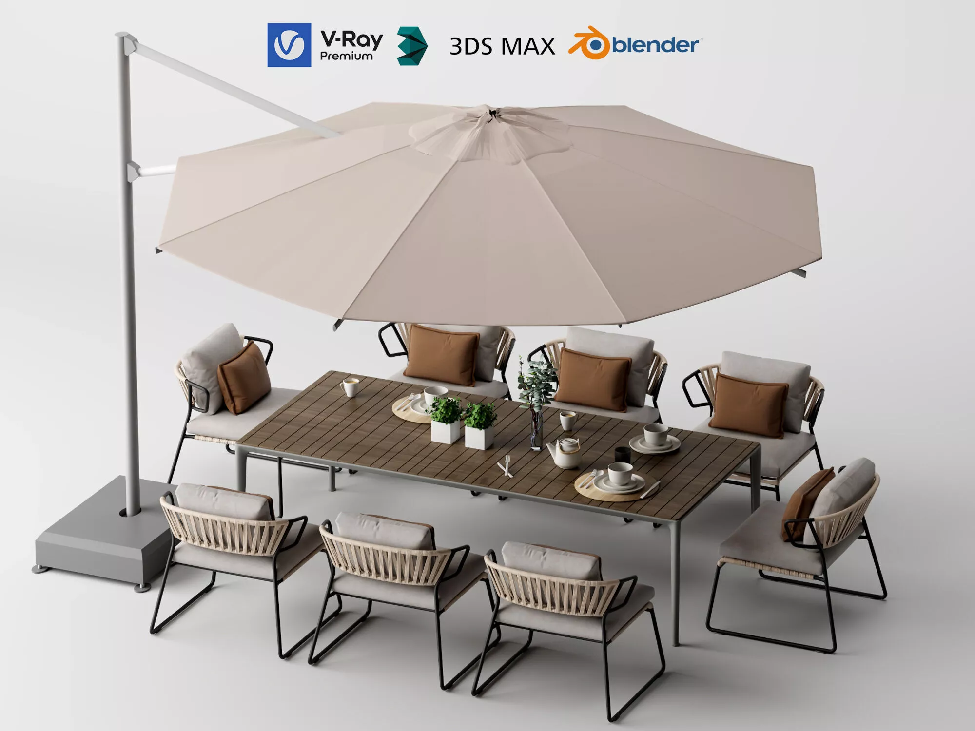 Outdoor Patio Dining Set Cantilever Parasol 3D Model 3D model