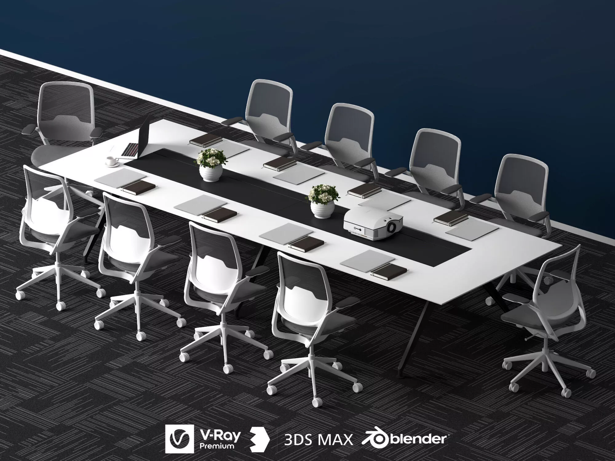 Long Office Conference Table Mesh Office Chair Set 3D Model 3D model