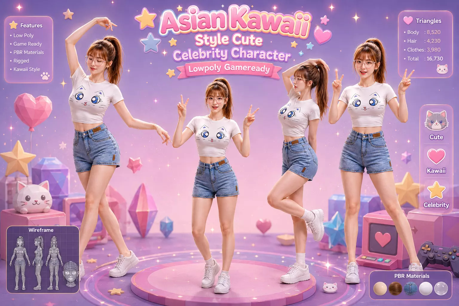 Asian Kawaii Style Cute Celebrity Character Gameready Low-poly 3D model