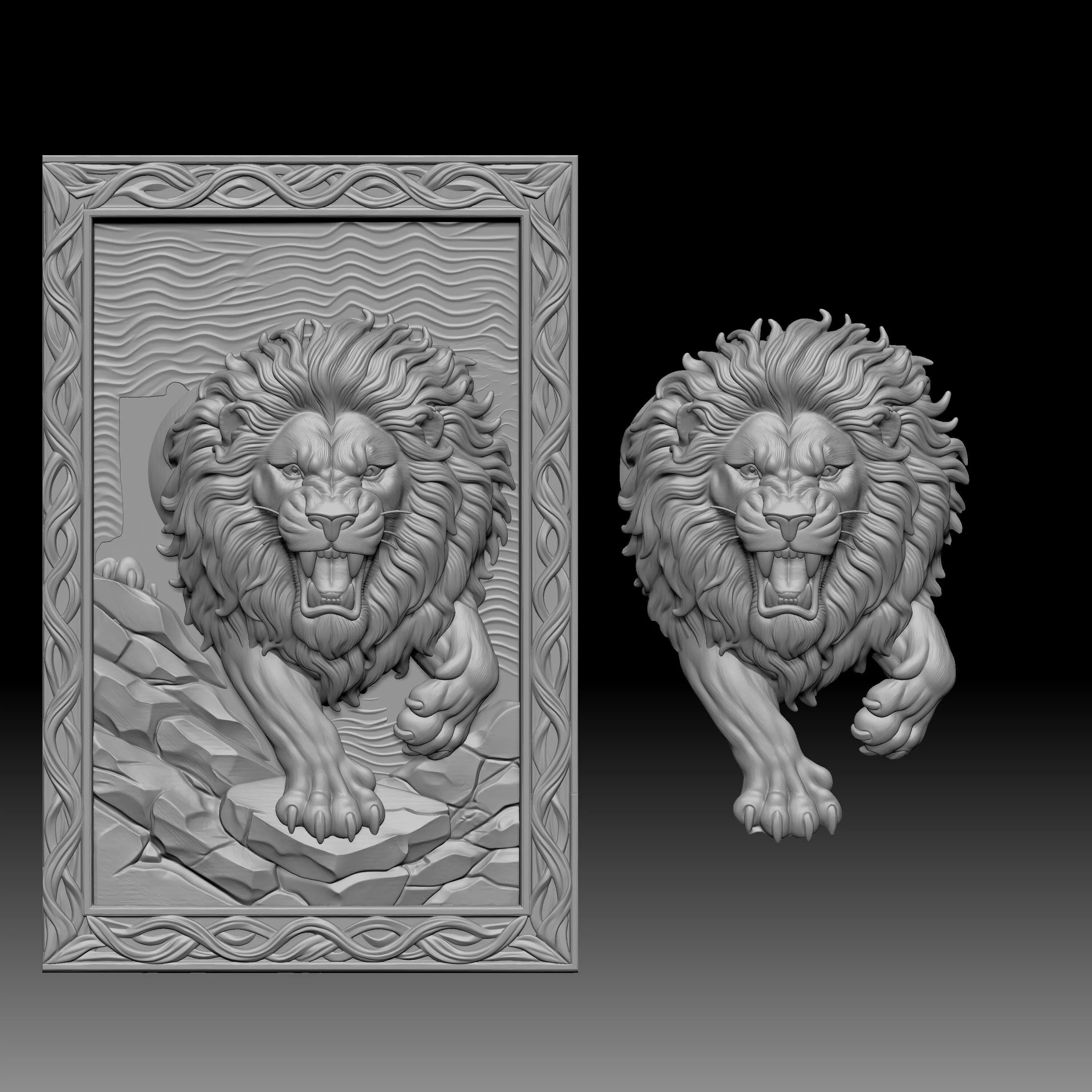 roaring lion within a vine patterned border 3D print model