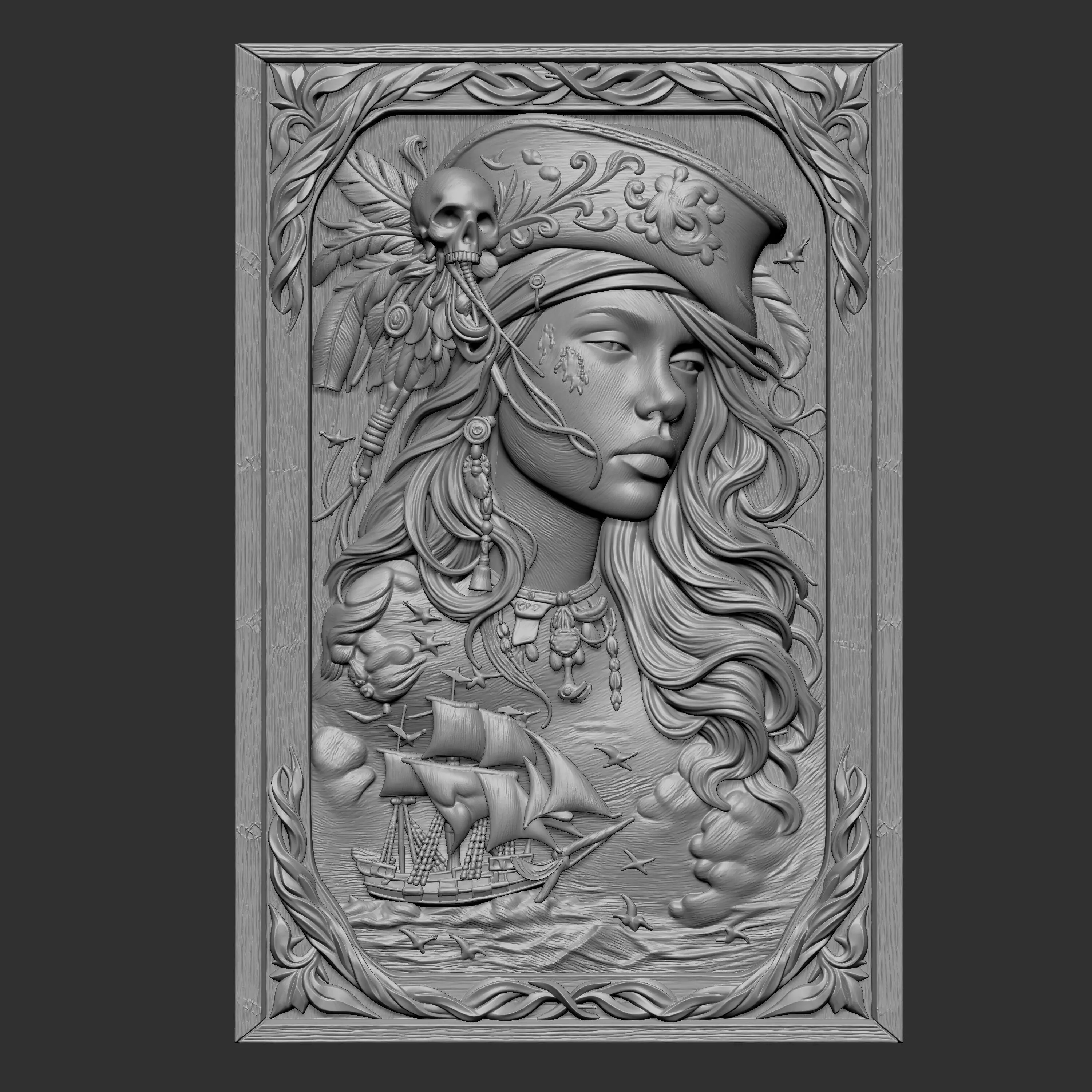 3D pirate themed bas relief panel 3D print model