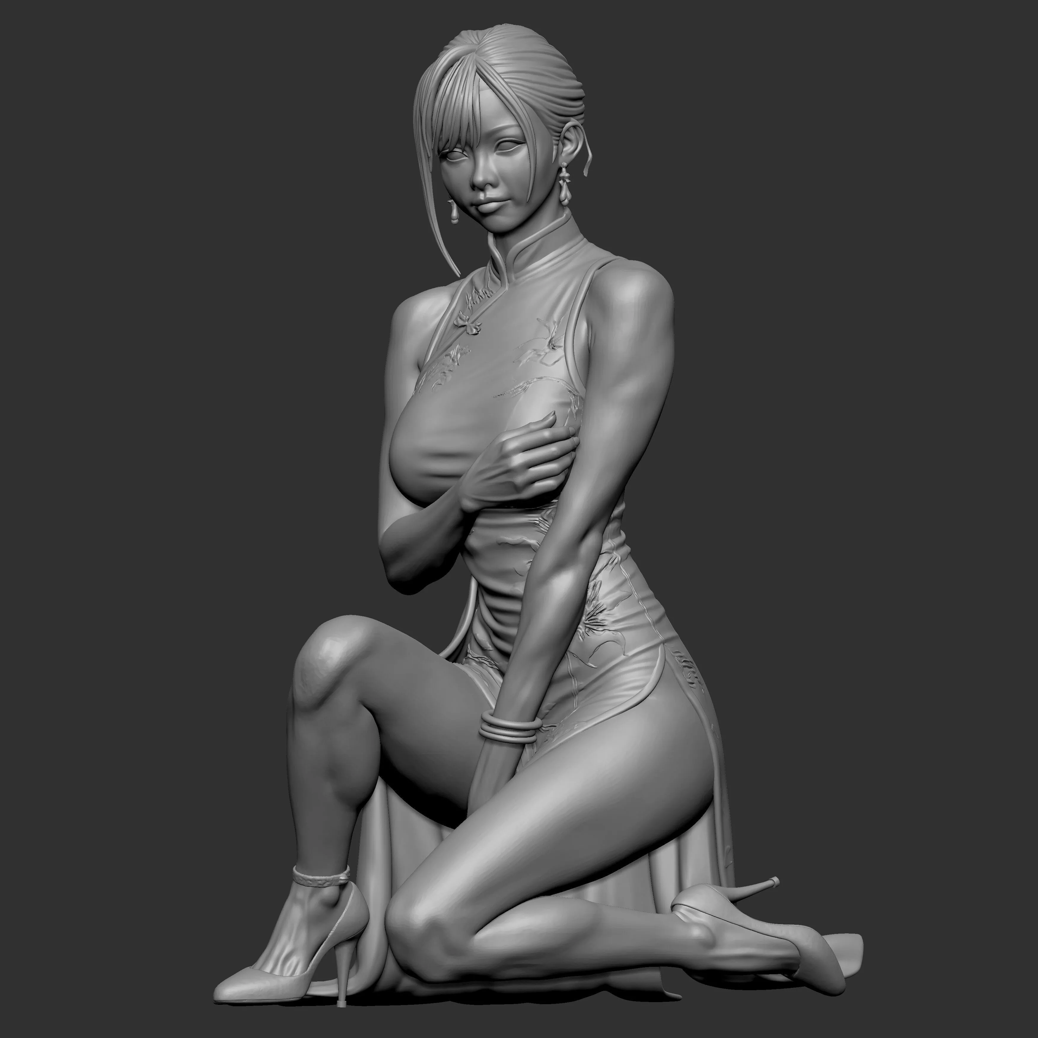 female figure wearing a traditional qipao 3D print model