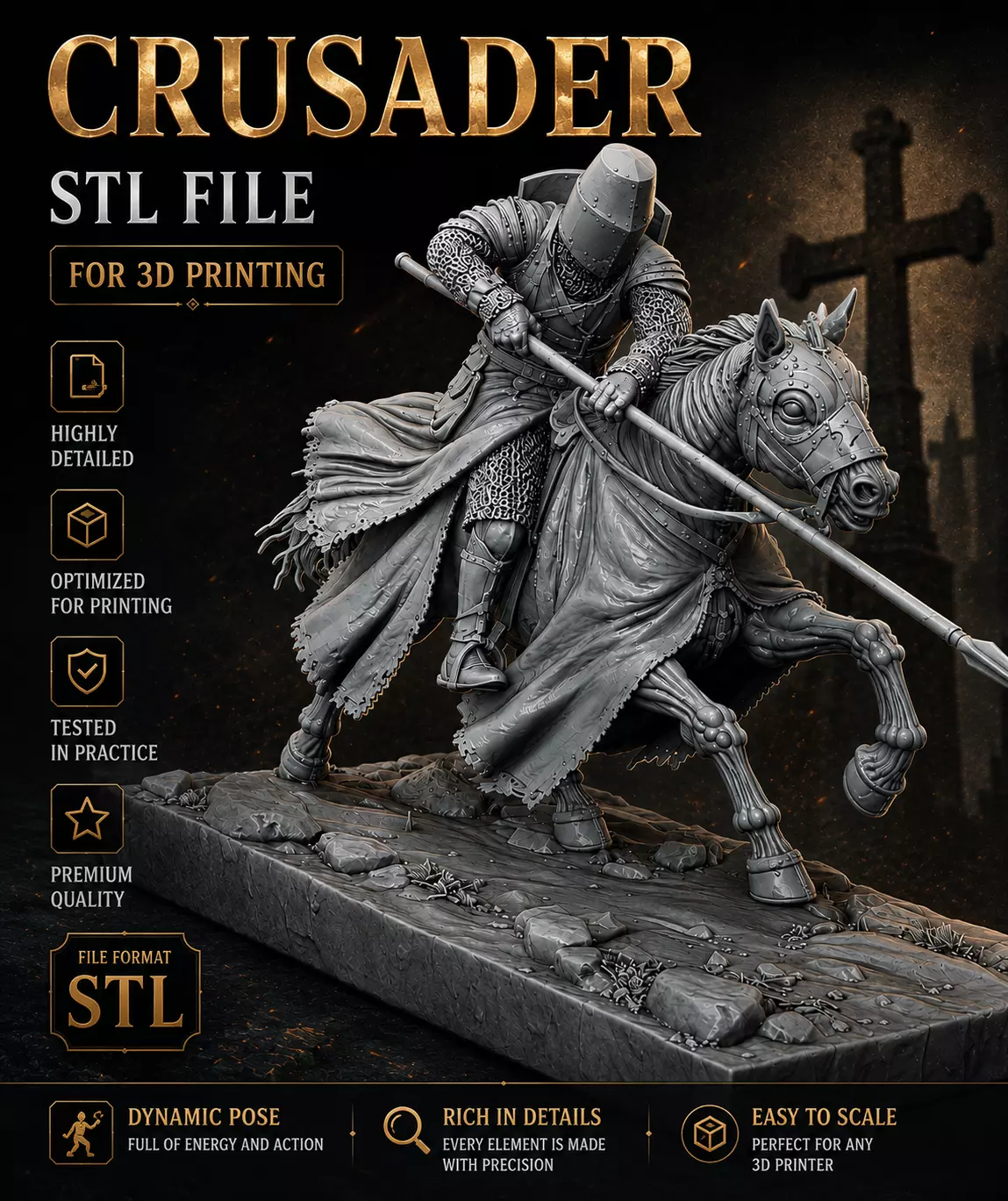 Crusader Knight on Horse STL File for 3D Printing 3D print model
