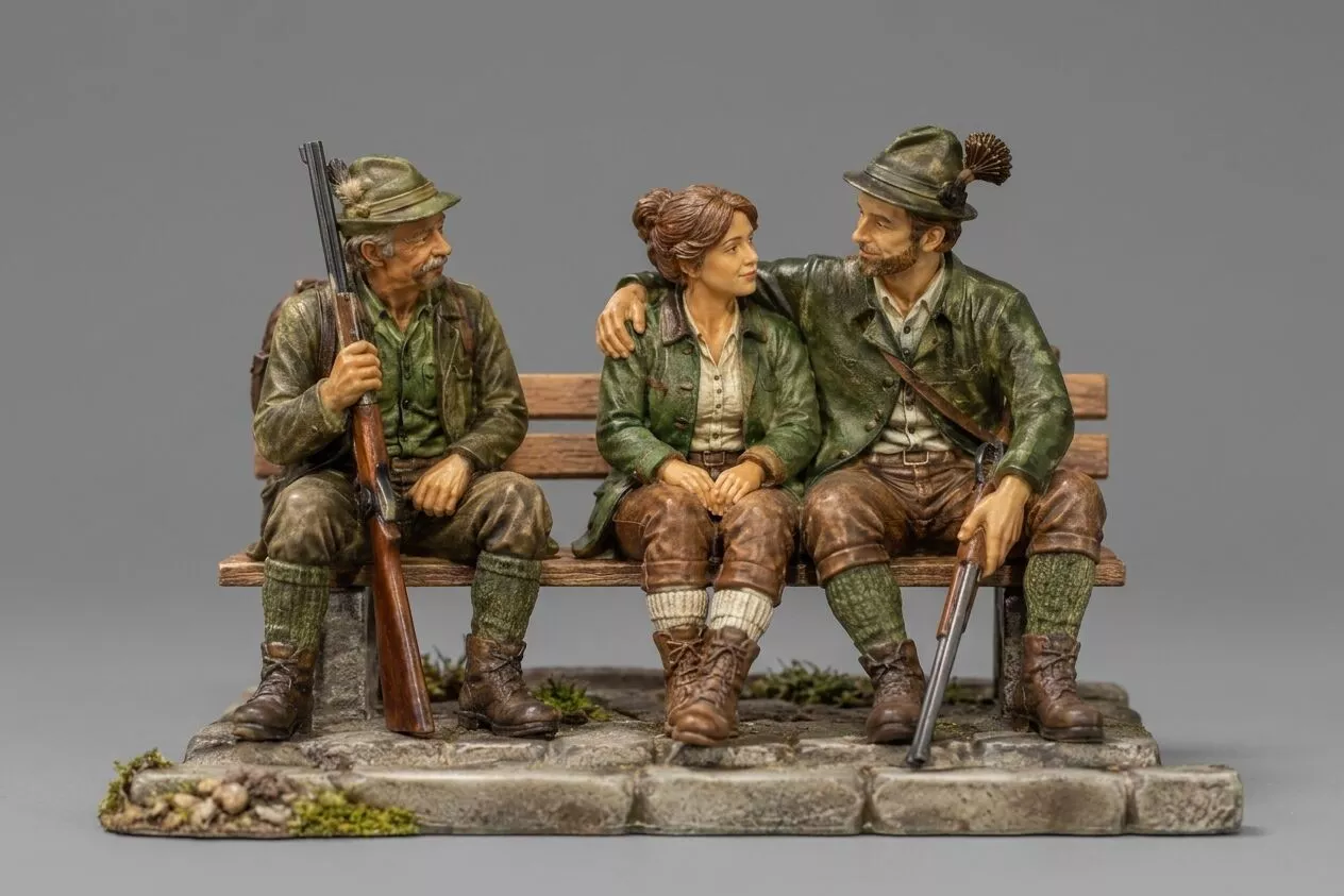 Hunter Couple on Bench with Companion LGB Bahn 3D print model