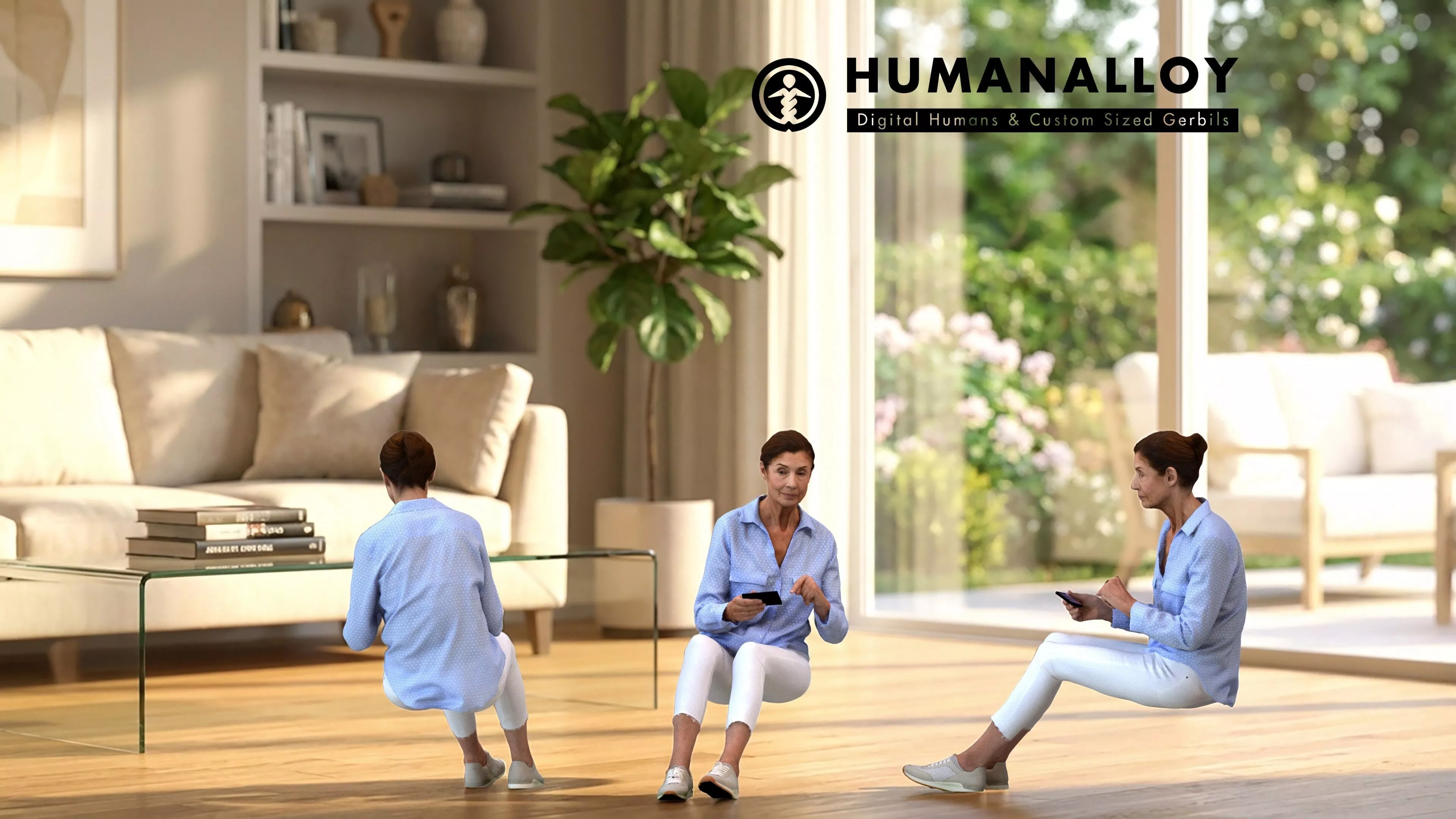 Senior Caucasian woman sitting at home using smartphone in 3D model