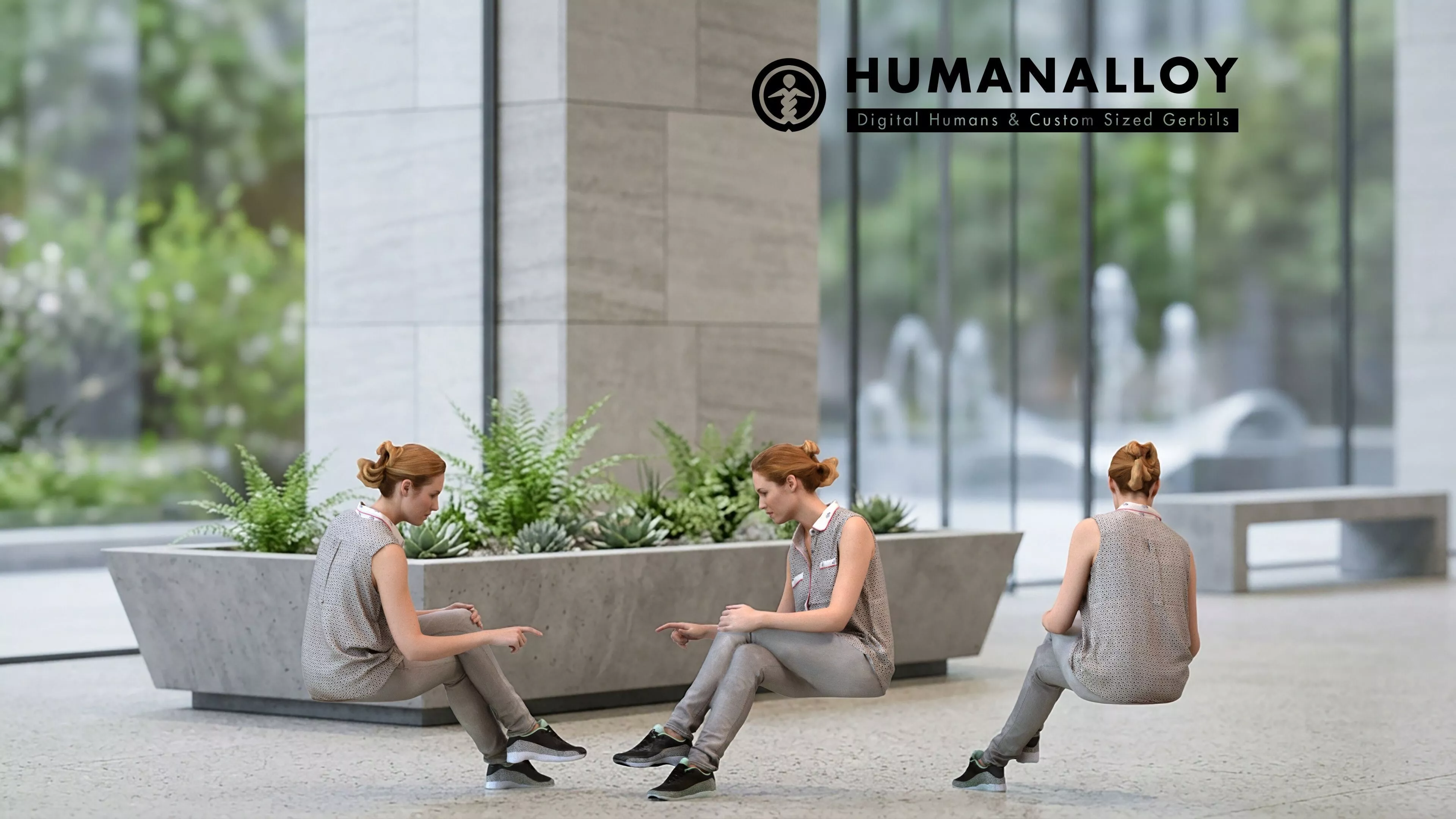 Adult Caucasian woman relaxing in public space wearing 3D model