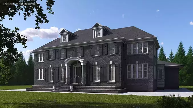 Classic Brick Colonial House 3D model 2