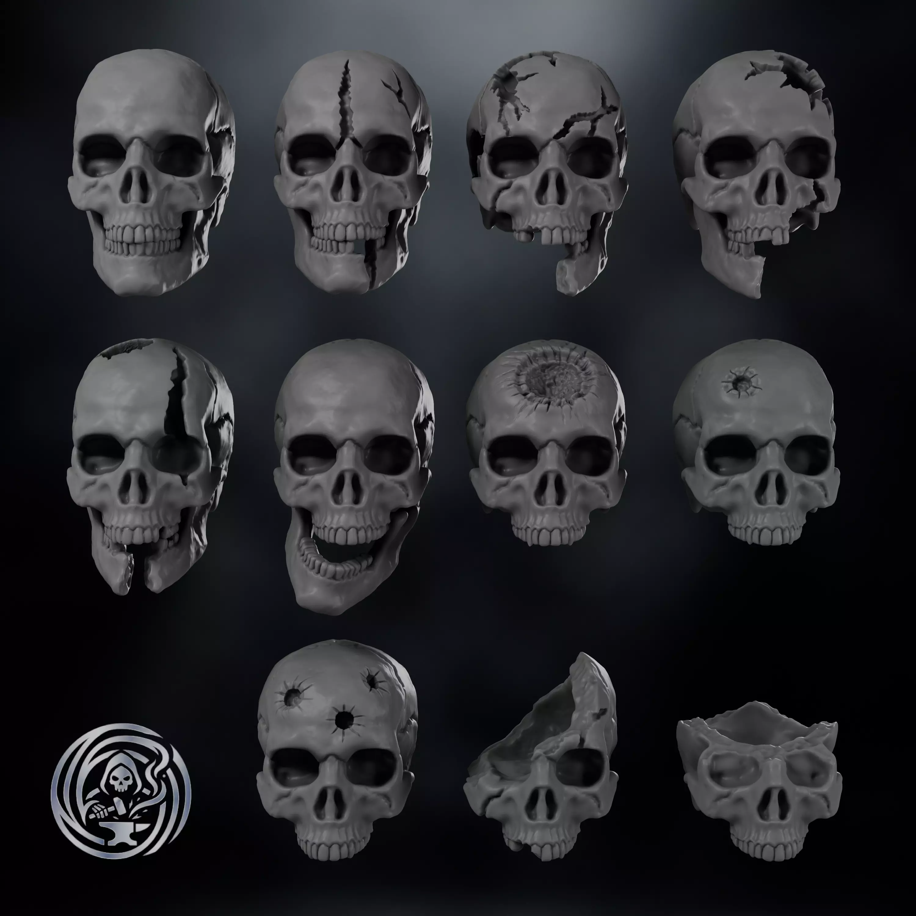 Damaged Human Skull Bits Pack - STL Models for Miniature Bases 3D print model