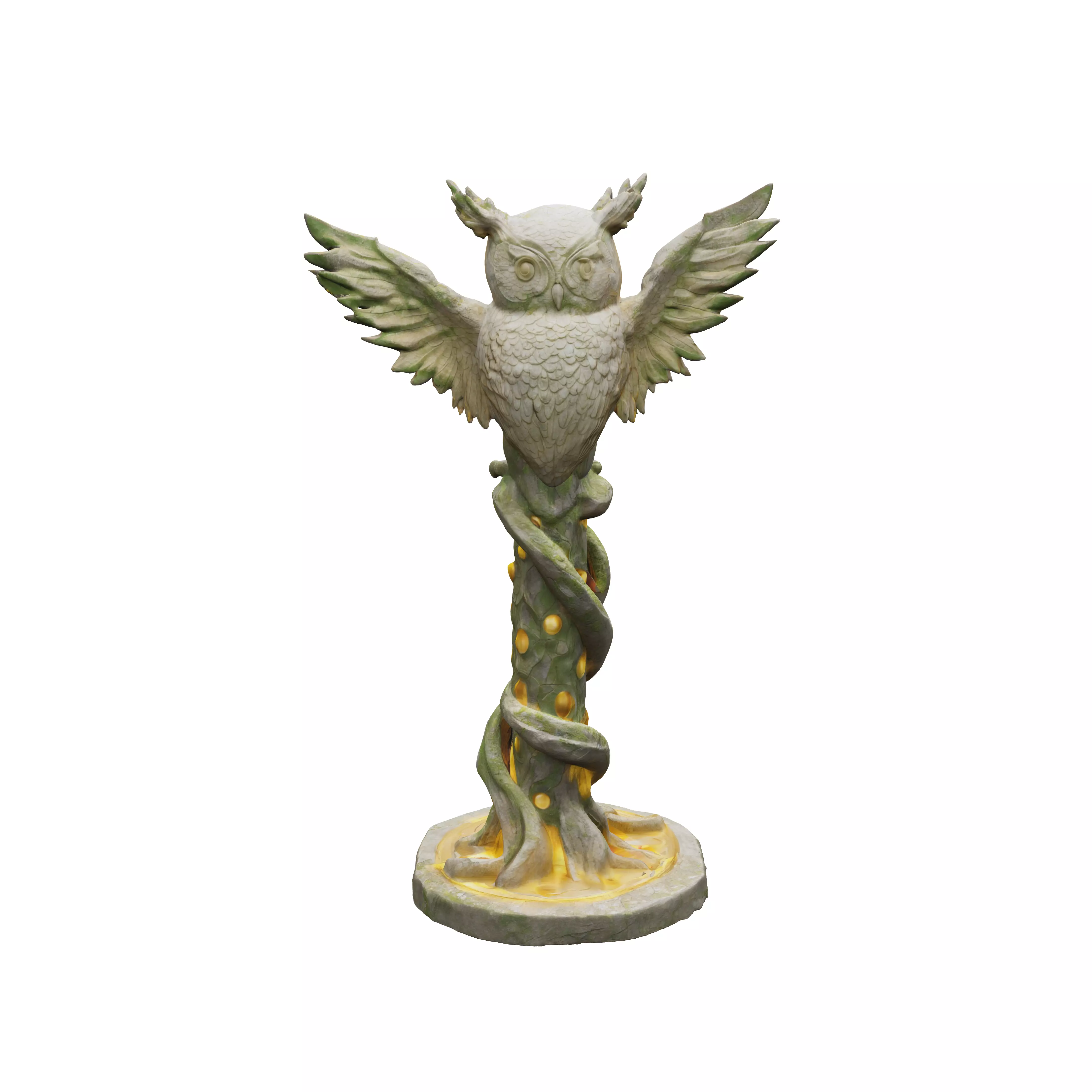 A tall organic column shaped like a giant owl integrated into 3D model